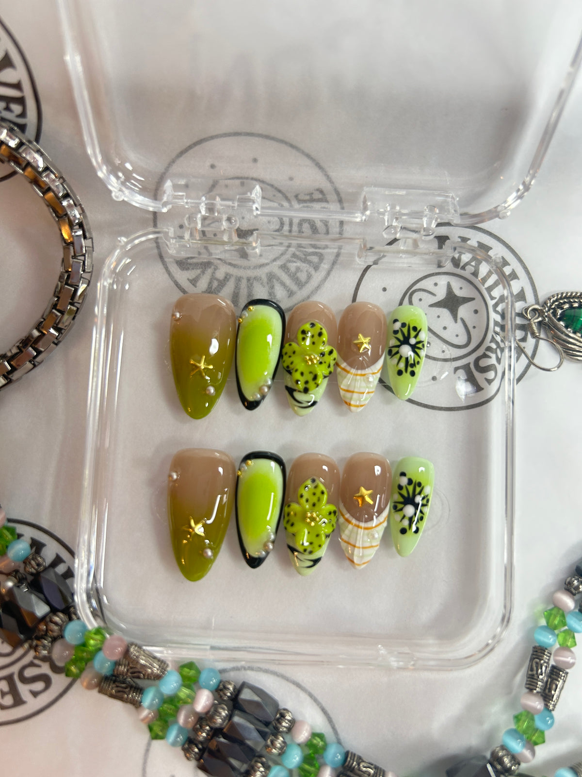 Handmade Press-On Nails – Green & Gold Floral Design