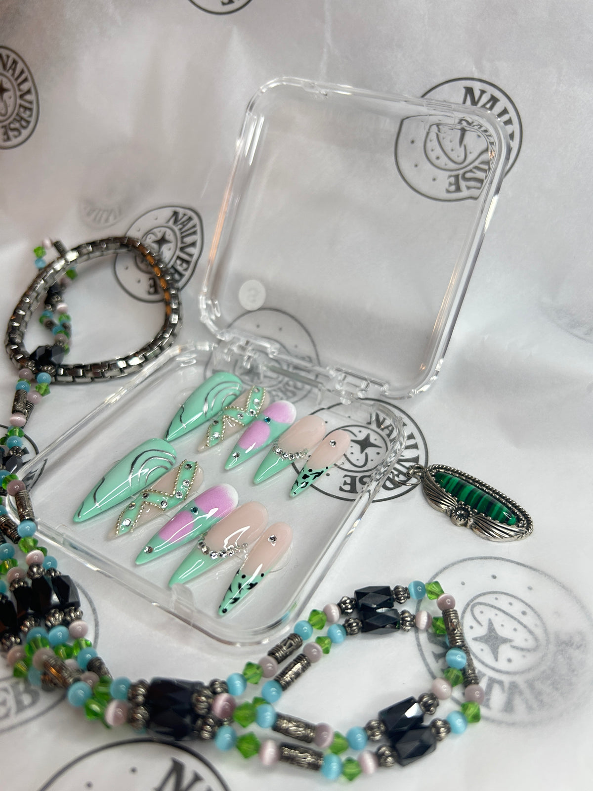 Handmade Press-On Nails – Mint Green & Pink Floral Design