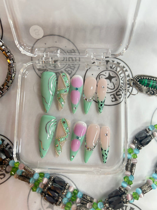 Handmade Press-On Nails – Mint Green & Pink Floral Design