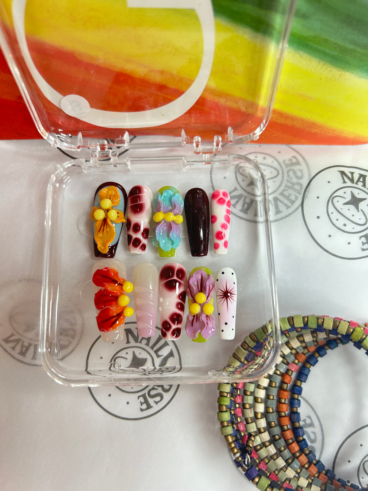 Handmade Colorful Floral Press-On Nails – Reusable Nail Set