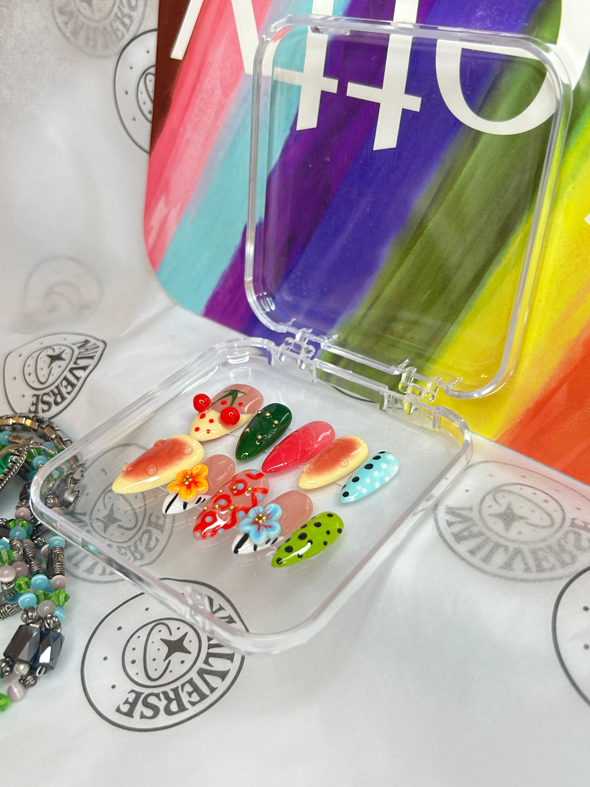 Handmade Fruit & Floral Press-On Nails – Colorful Reusable Nail Set