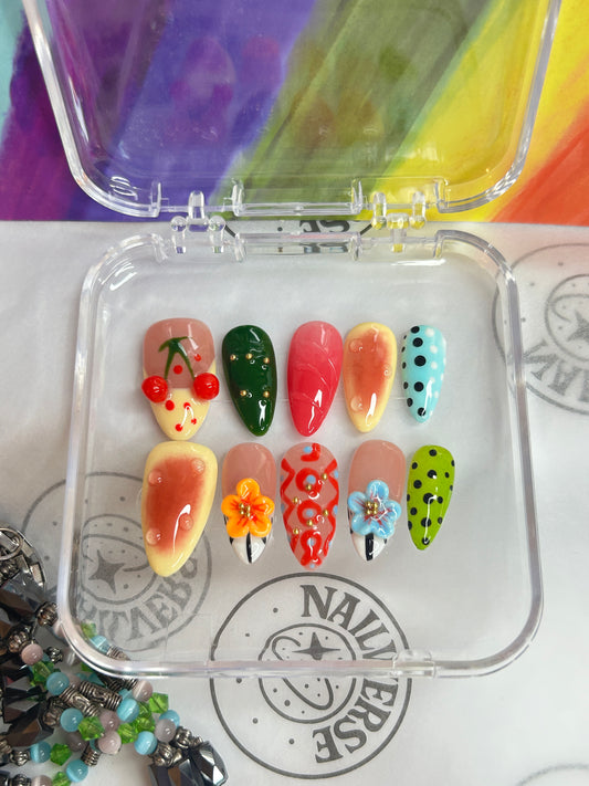 Handmade Fruit & Floral Press-On Nails – Colorful Reusable Nail Set
