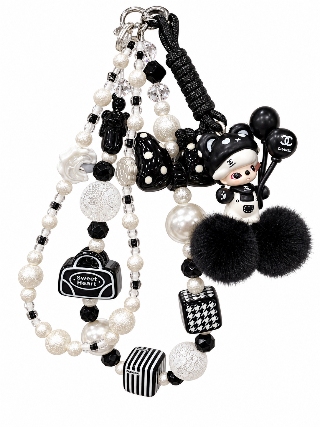 Black & White Pearl Beaded Bag Charm with Pom Poms