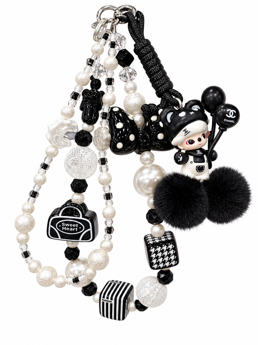 Black & White Pearl Beaded Bag Charm with Pom Poms