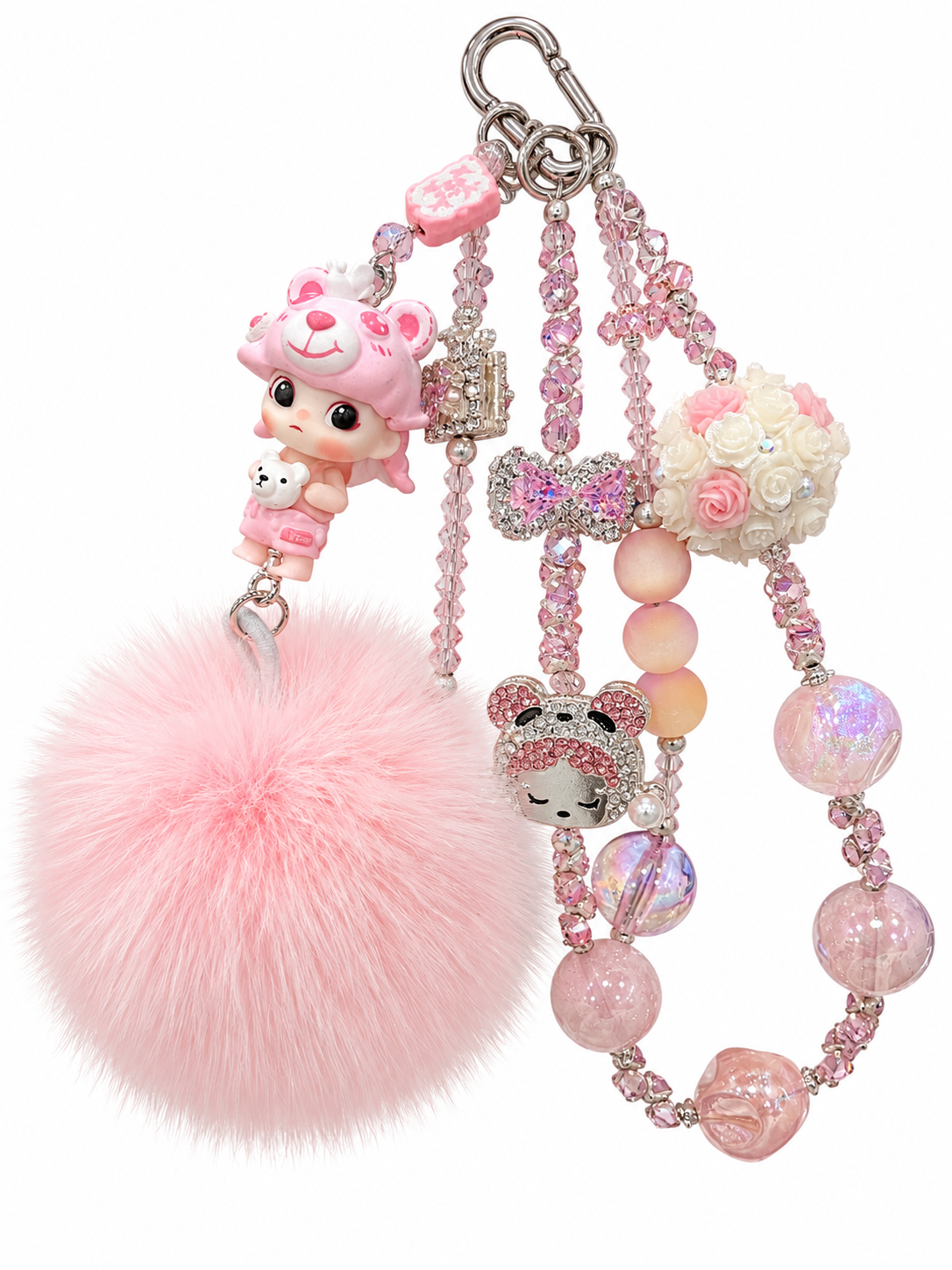 Pink Fluffy Pom Pom Beaded Bag Charm & Keychain