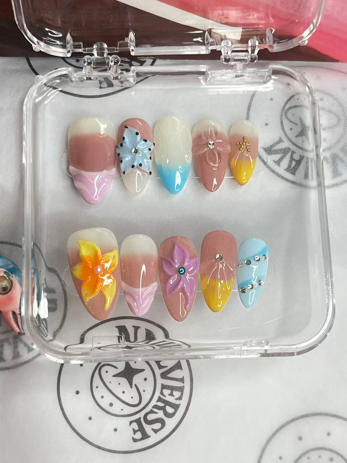 Pastel Butterfly 3D Press-On Nails – Colorful Glossy Nail Art