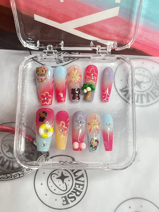 Pink & Red Kawaii 3D Nail Art Press-On Nails – Cute Glossy Design