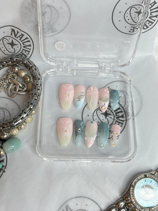 Pastel Ombre French Tip Press-On Nails with Butterfly Design
