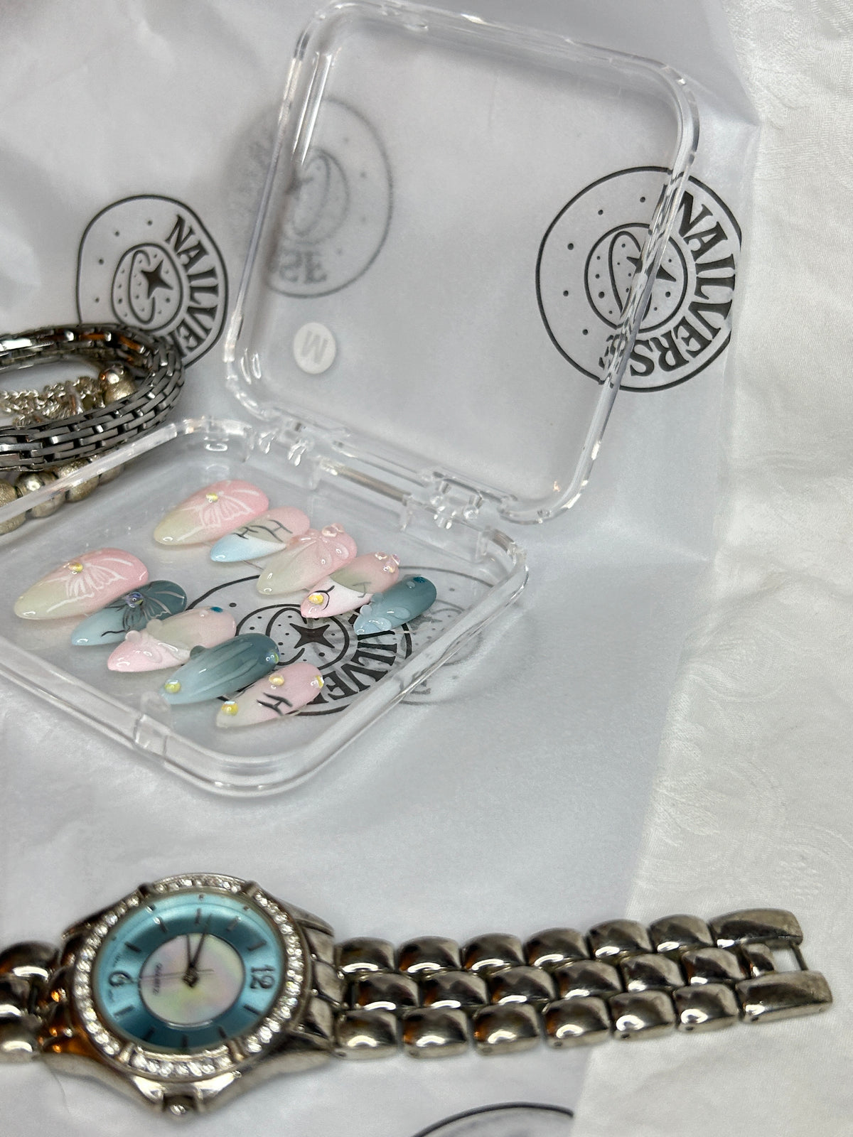 Pastel Ombre French Tip Press-On Nails with Butterfly Design
