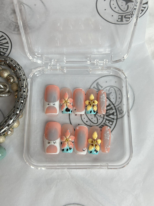 Pink Ombre Press-On Nails with Butterfly & Floral Design