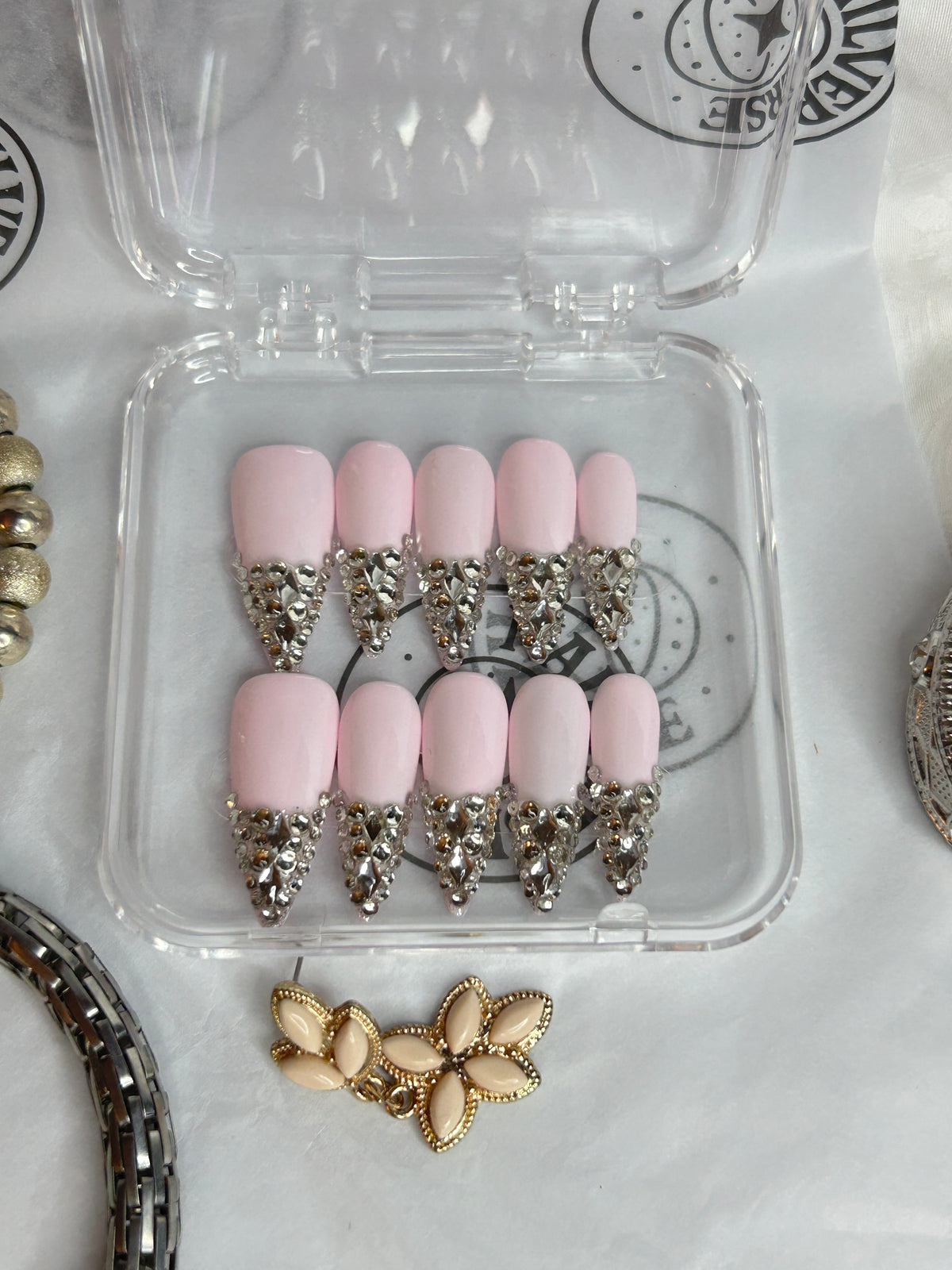 Pink Pearl Rhinestone Press-On Nails