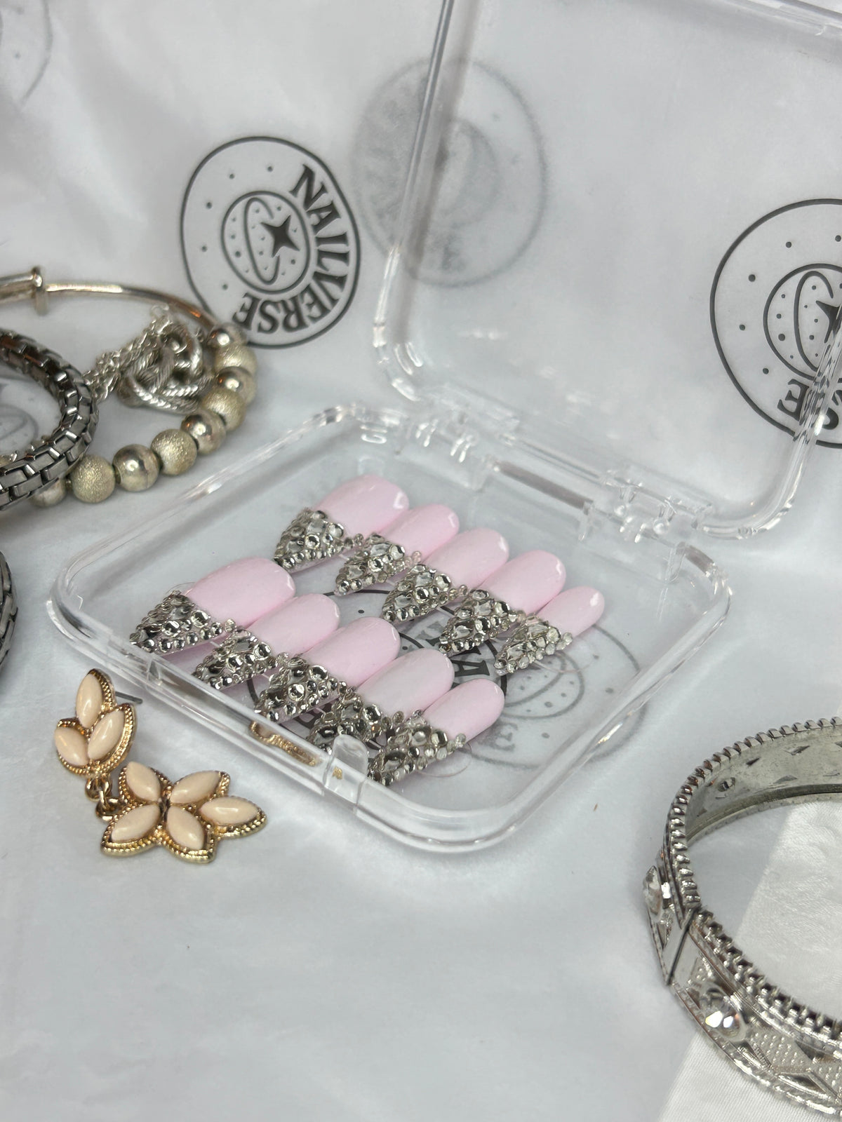 Pink Pearl Rhinestone Press-On Nails