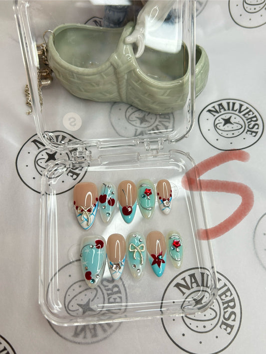 Handmade Blue & Orange Floral Press-On Nails