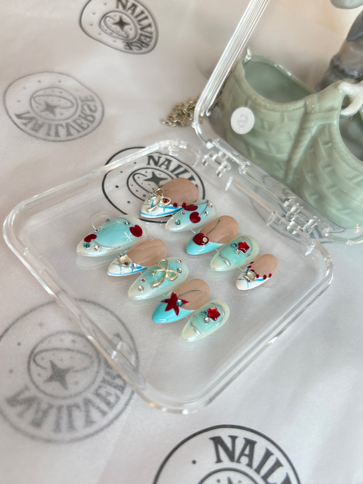Handmade Blue & Orange Floral Press-On Nails