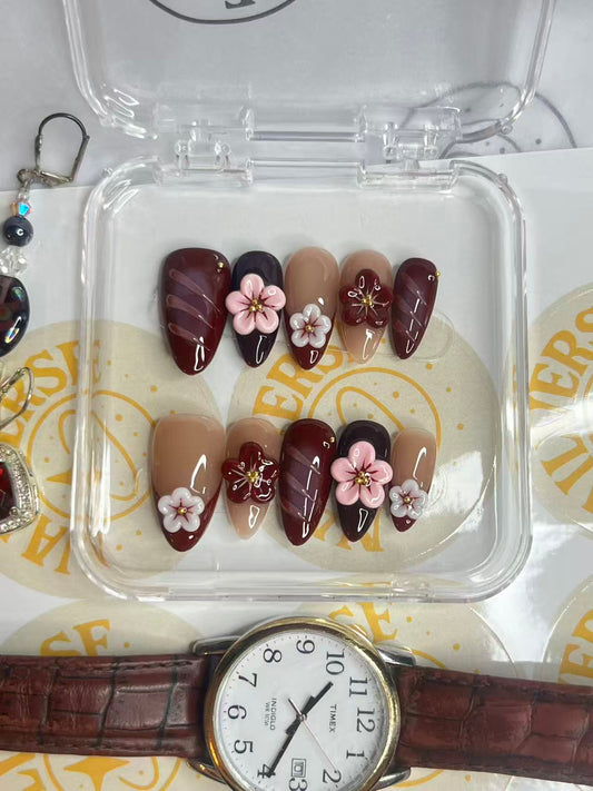 Burgundy Floral Press-On Nails, Handmade False Nails