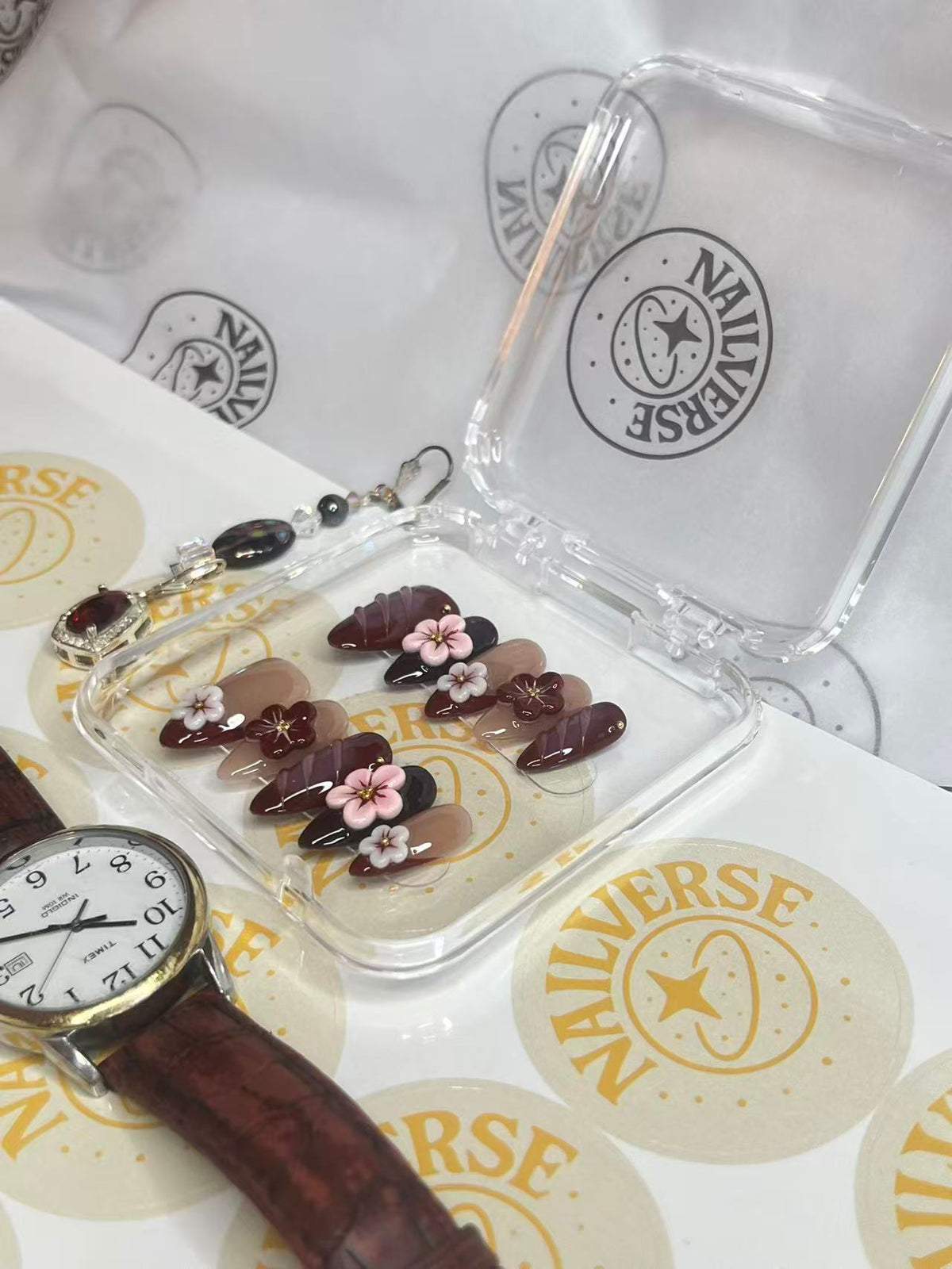 Burgundy Floral Press-On Nails, Handmade False Nails