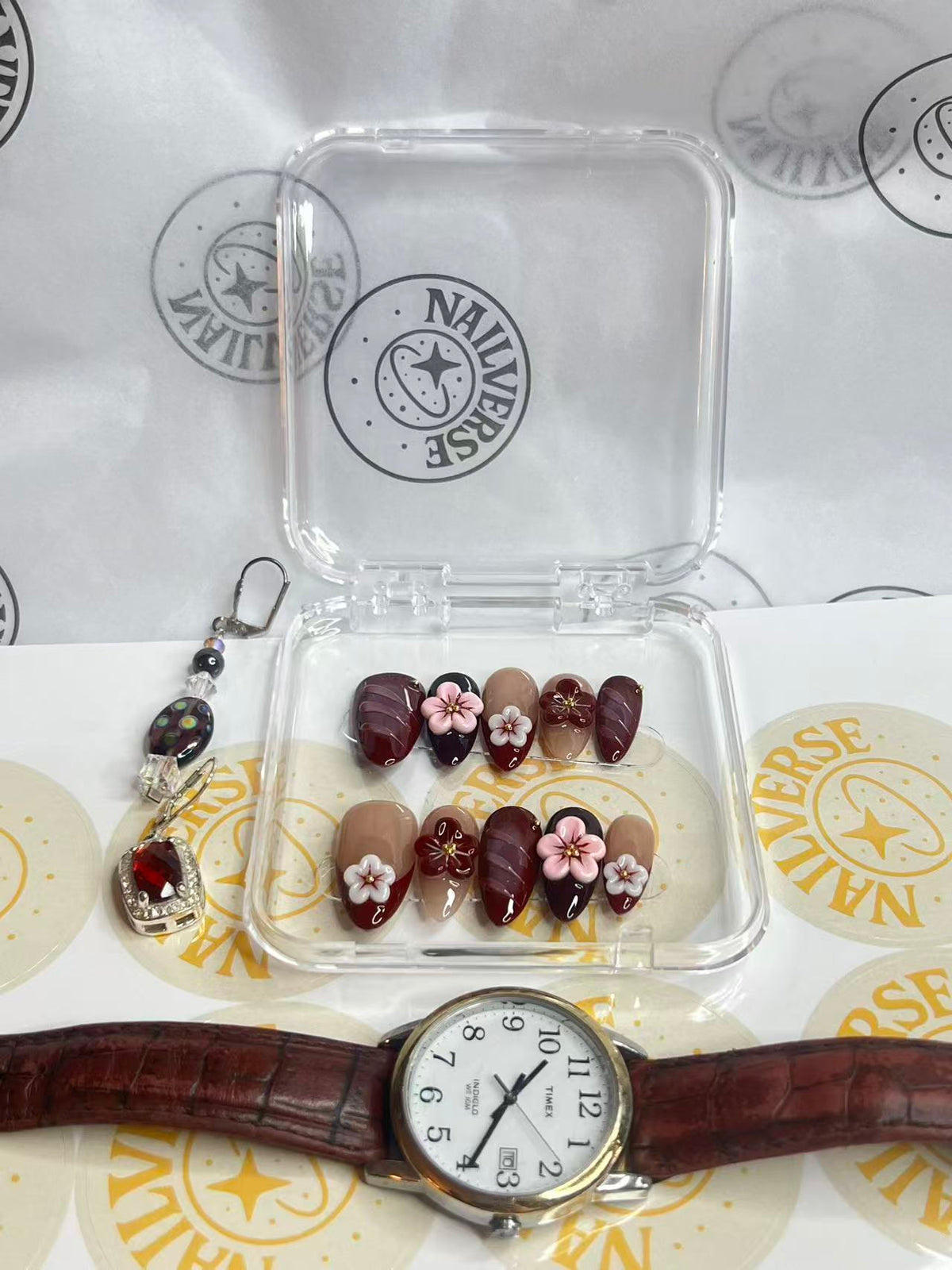 Burgundy Floral Press-On Nails, Handmade False Nails