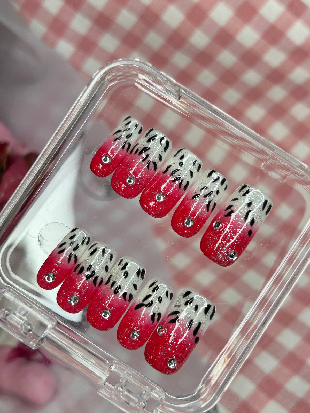 Red Glitter Zebra Heart Press-On Nails