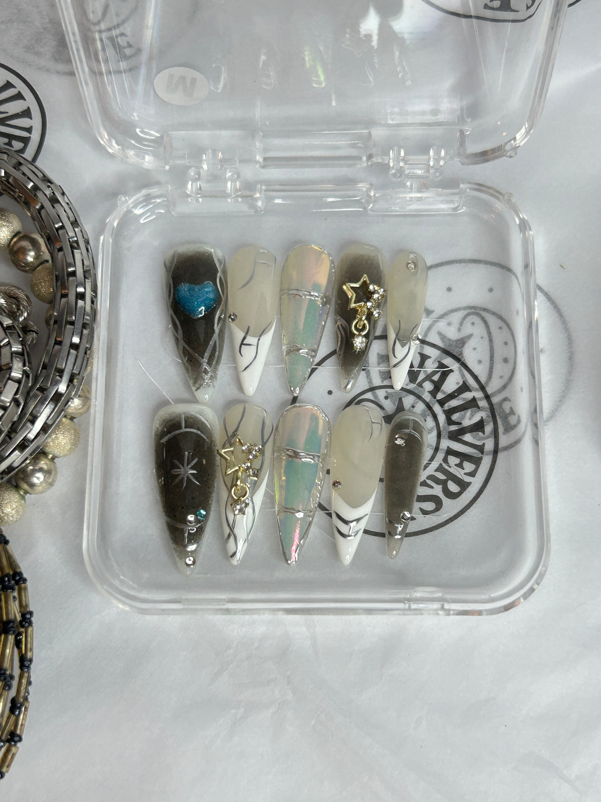 Teal Gold Elegant 3D Handmade Press-On Nails