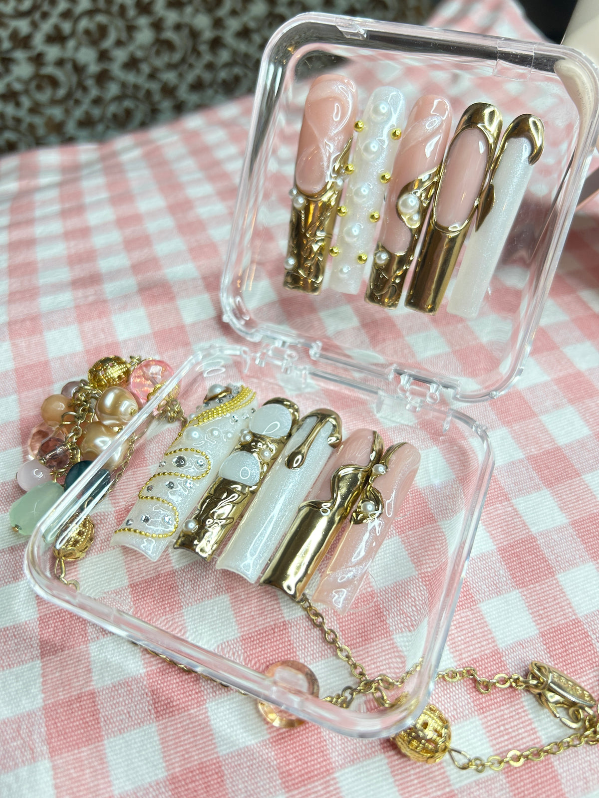 Luxury Gold Charm Press-On Nails – Nude Pink 3D Nail Set