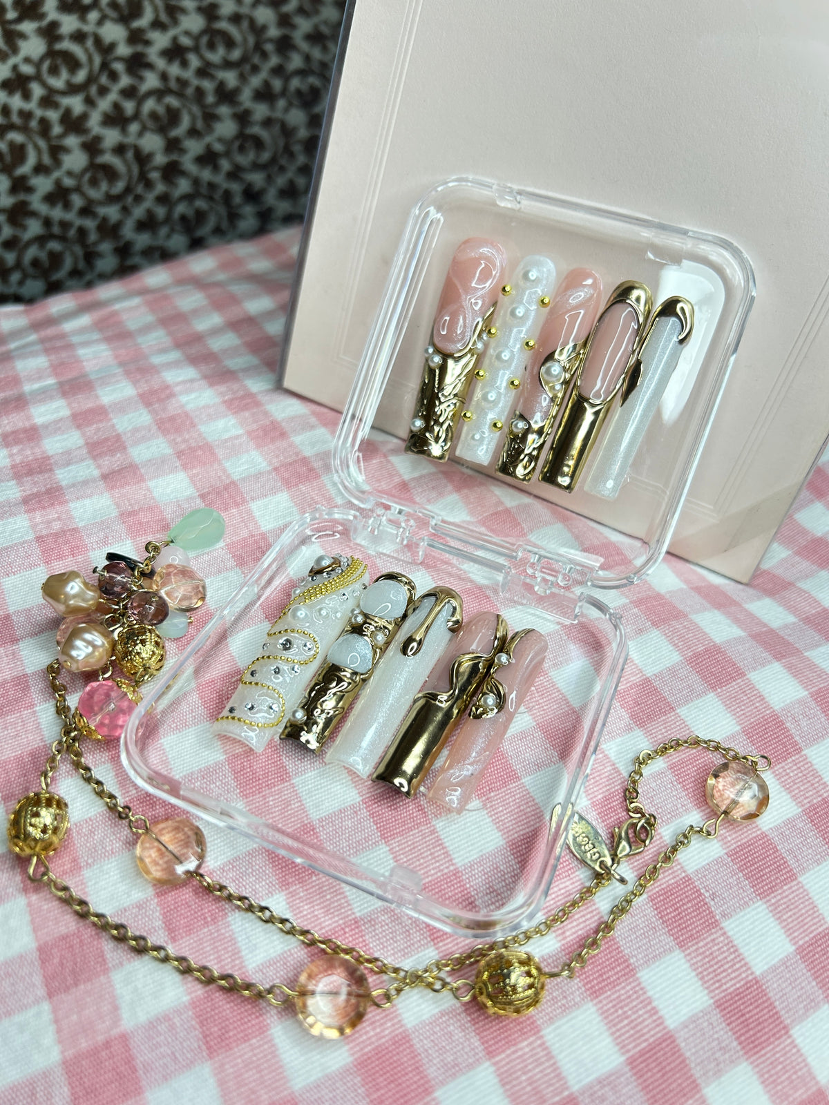 Luxury Gold Charm Press-On Nails – Nude Pink 3D Nail Set