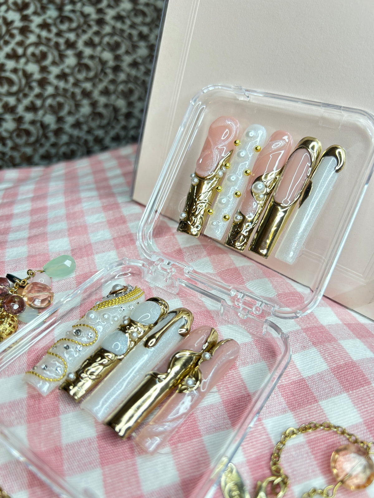 Luxury Gold Charm Press-On Nails – Nude Pink 3D Nail Set
