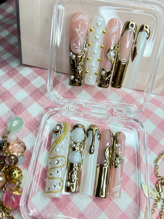 Luxury Gold Charm Press-On Nails – Nude Pink 3D Nail Set