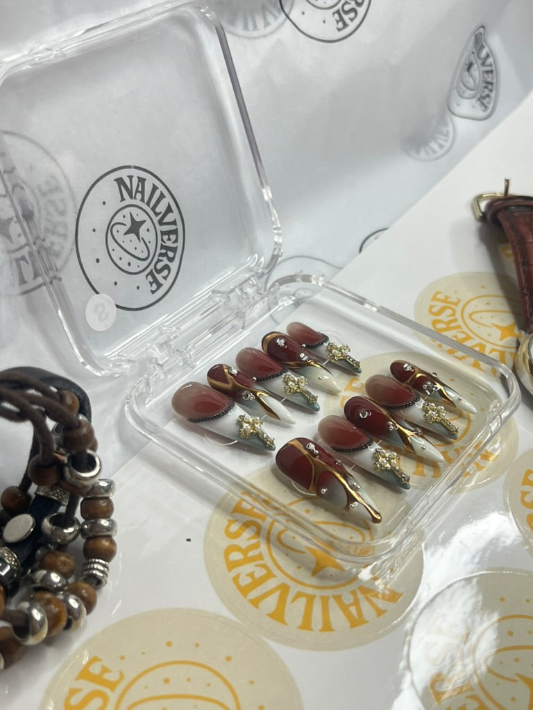 ✨ Burgundy Gold 3D Press-On Nails ✨