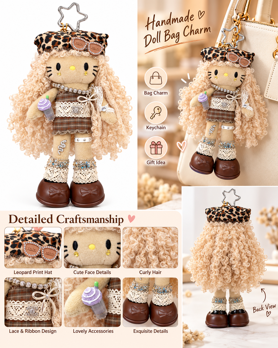 Handmade Vintage Leopard Plush Doll Keychain