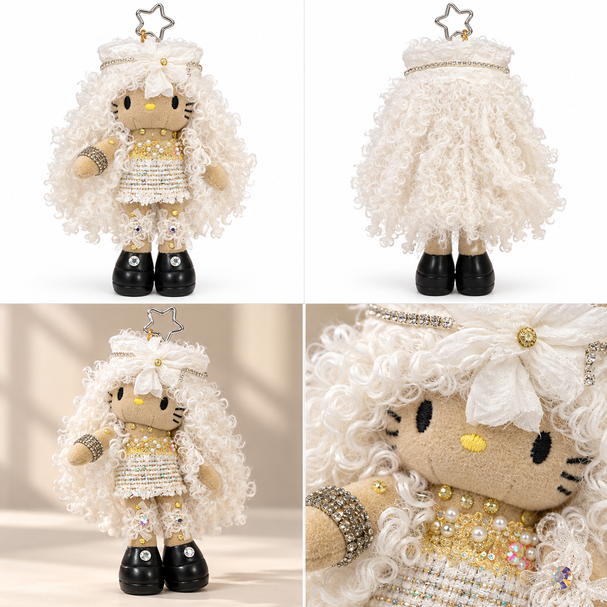 White & Gold Curly Hair Plush Doll Keychain