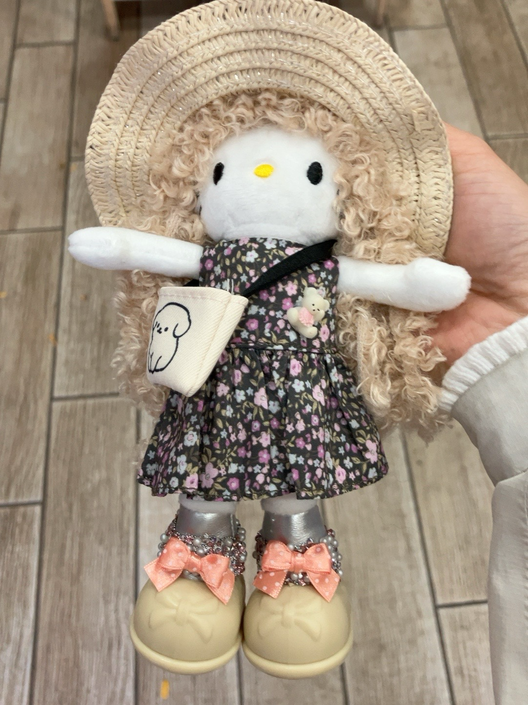Cute Plush Doll with Sun Hat & Floral Dress