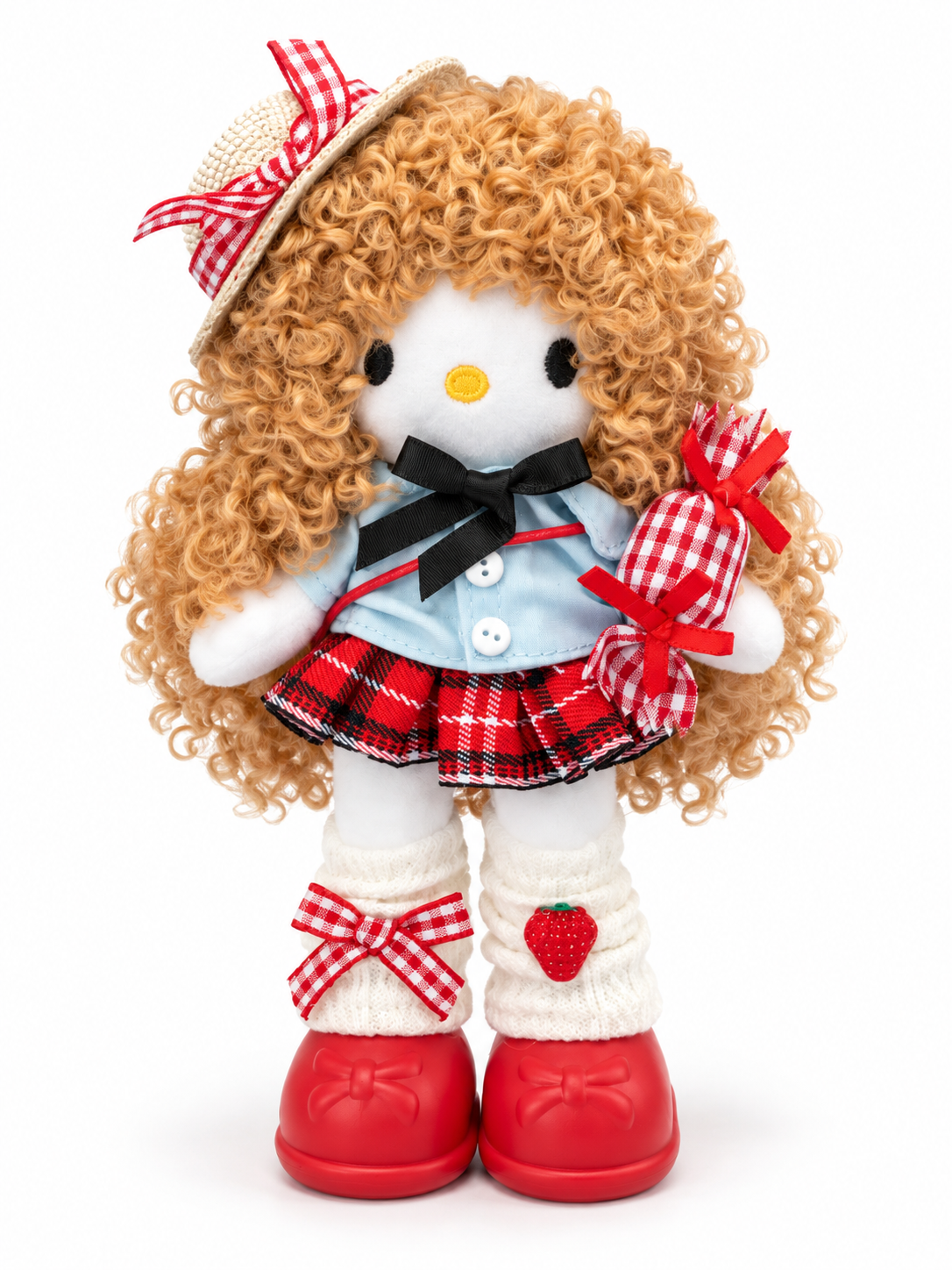 Handmade Plush Doll Keychain – Red & White