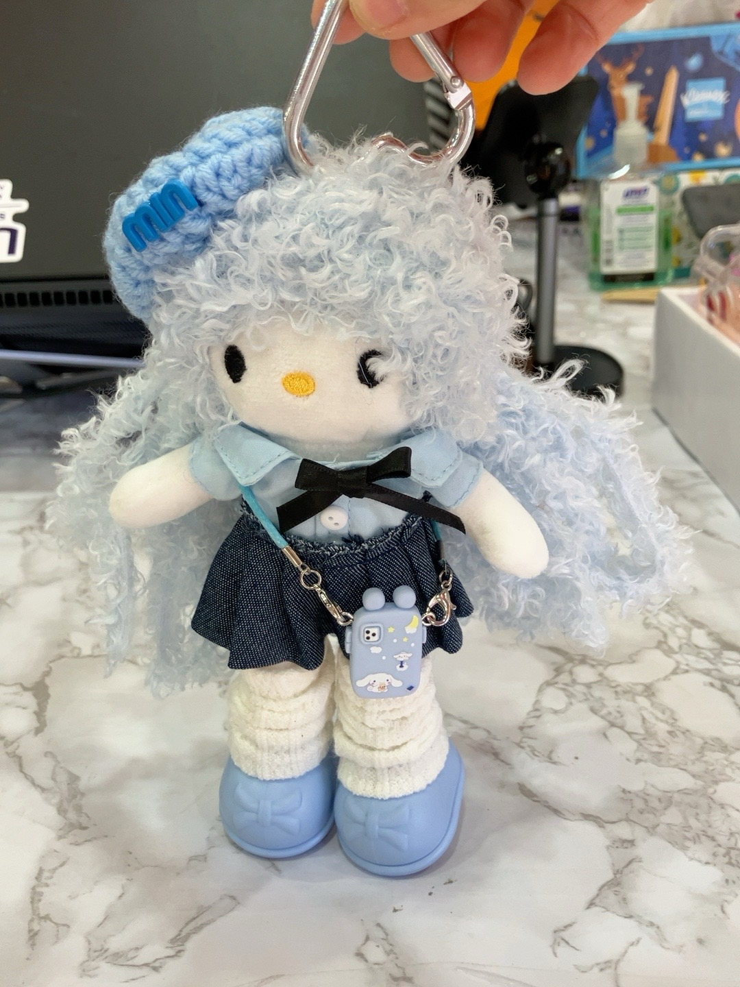 Blue Curly Hair Plush Doll Keychain