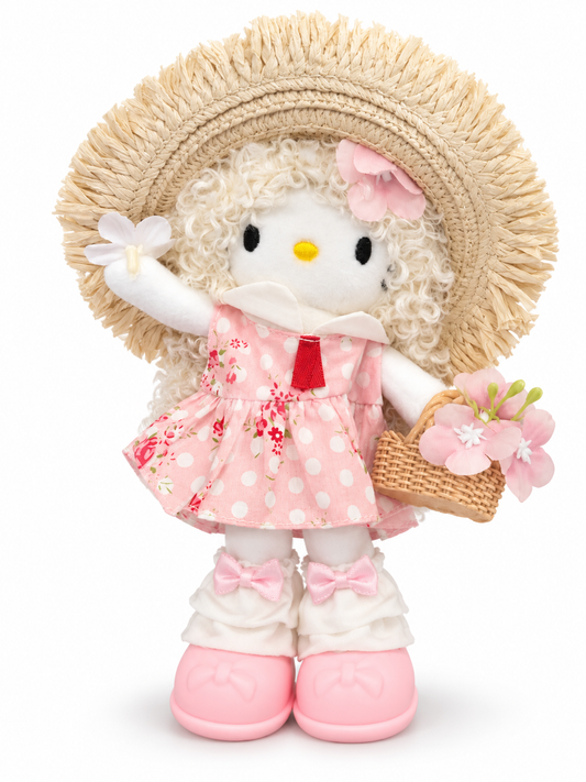 Cute Plush Doll with Sun Hat & Flower Basket