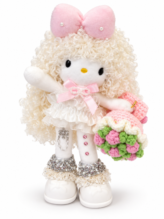 Pink Bow Plush Doll with Flower Bouquet