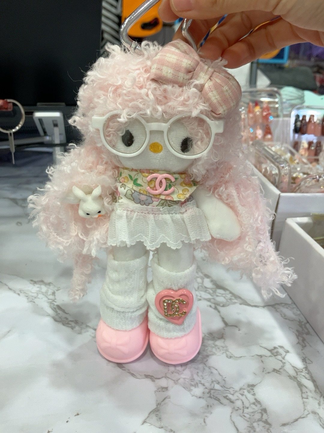 Cute Pink Plush Doll with Glasses & Outfit