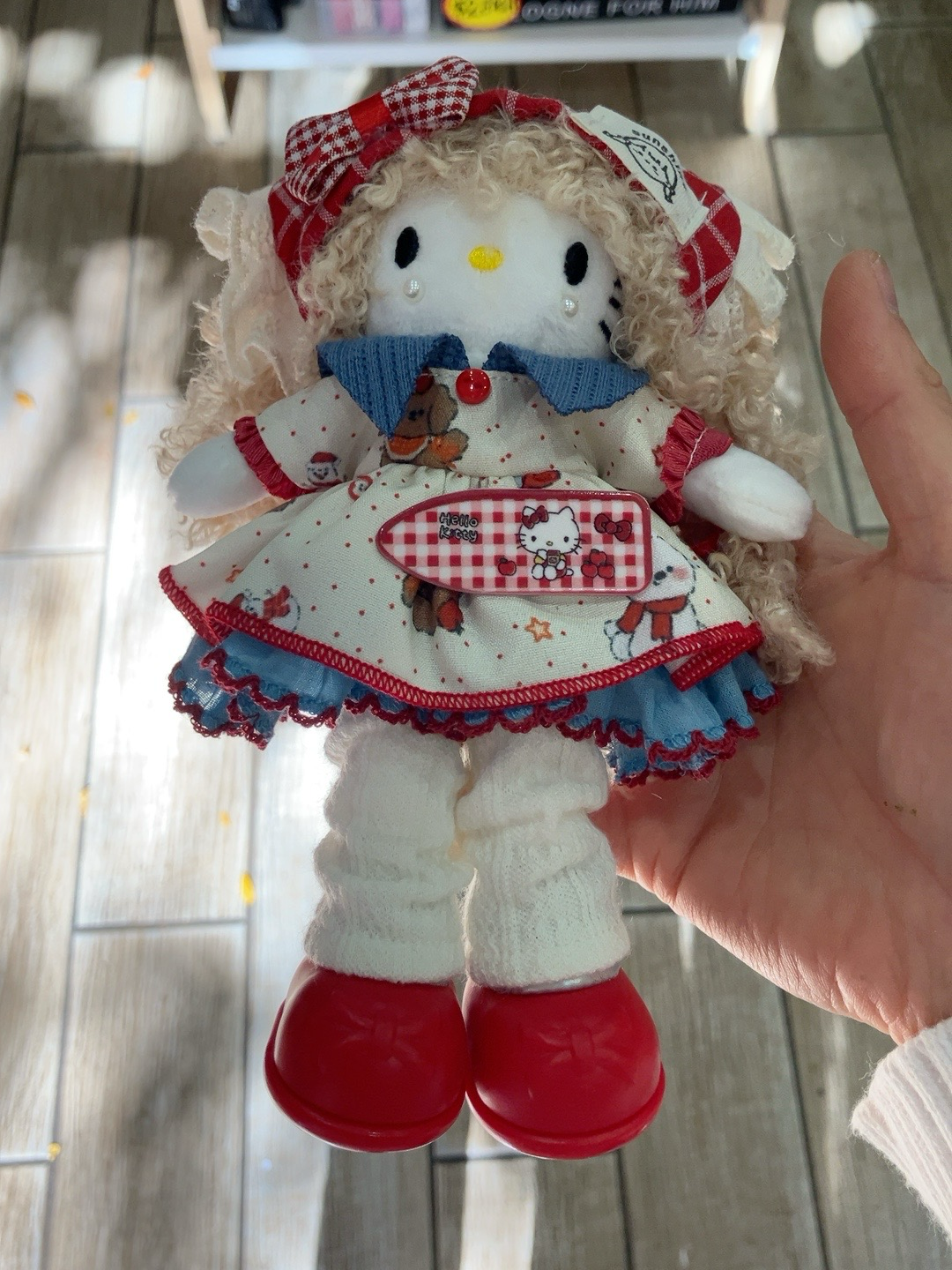 Cute Brown Hair Plush Doll with Red Plaid Dress