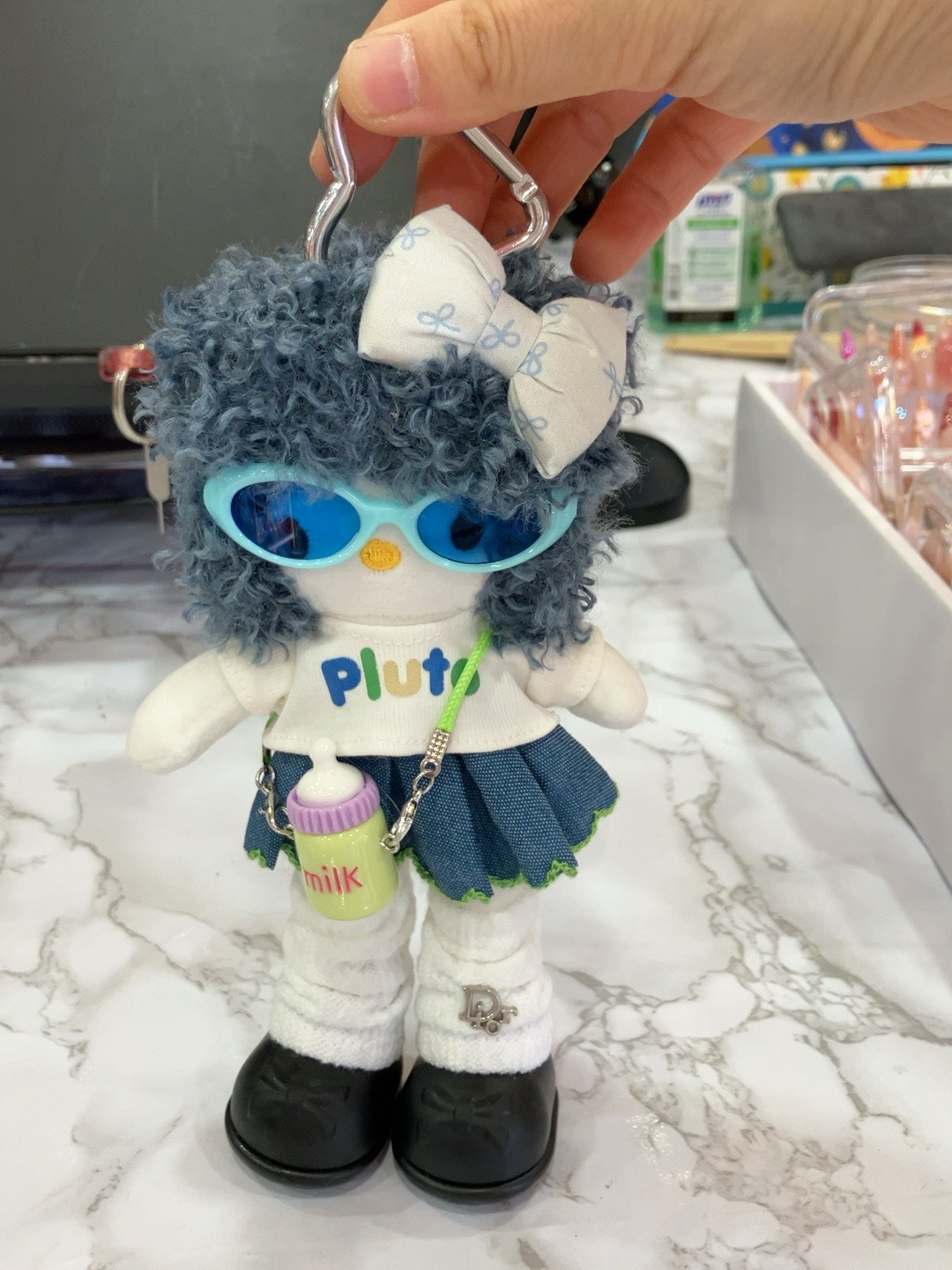 Handmade Blue Curly Hair Plush Doll Keychain