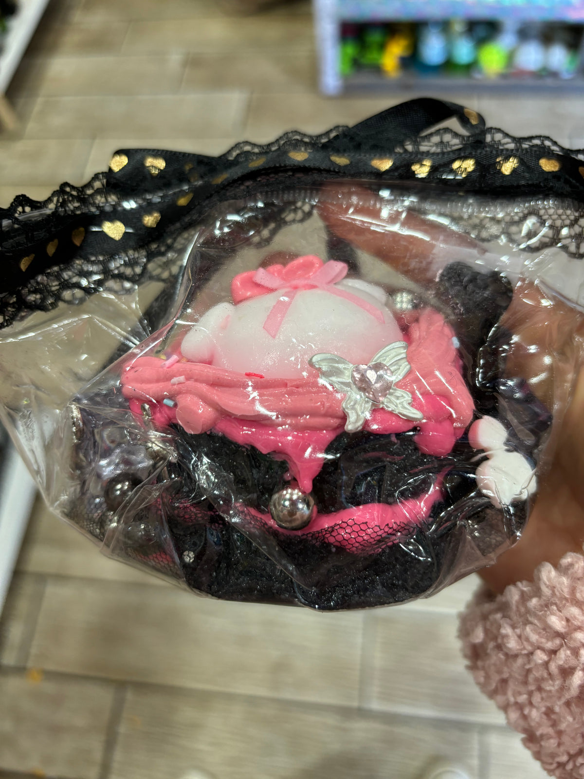 Pink Bunny Plush Charm with Black Lace Bow