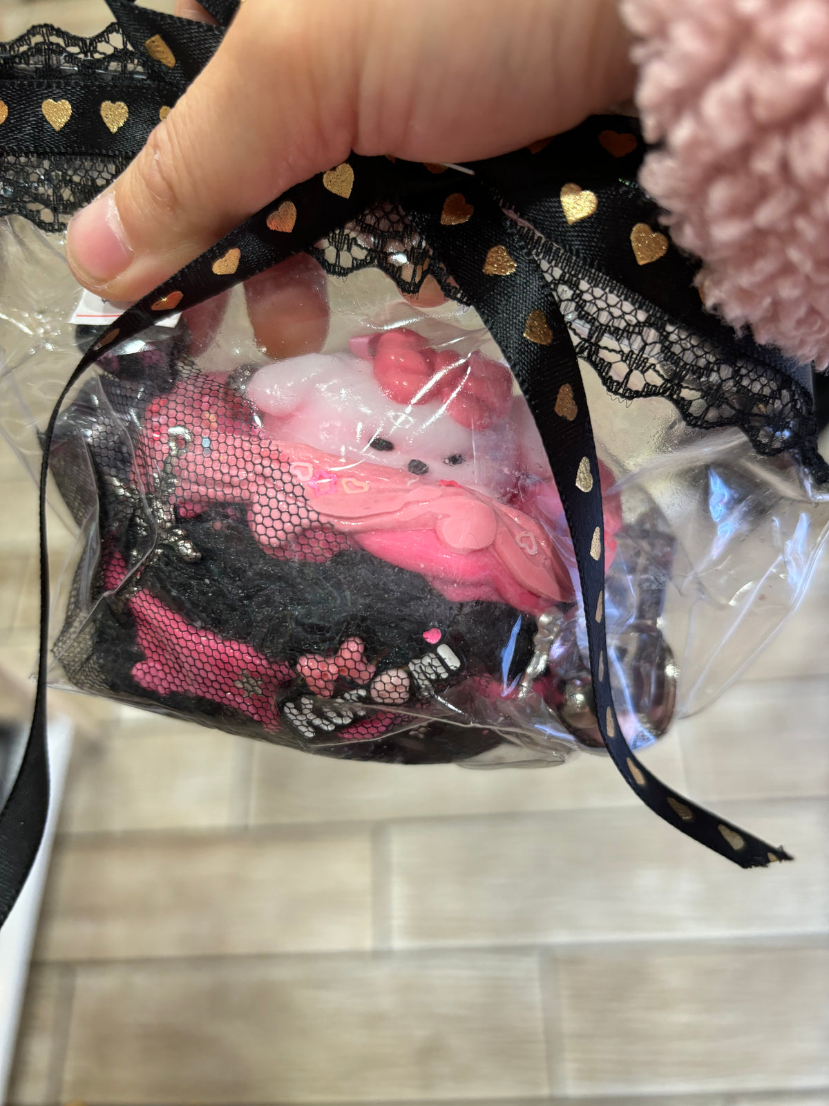 Pink Bunny Plush Charm with Black Lace Bow