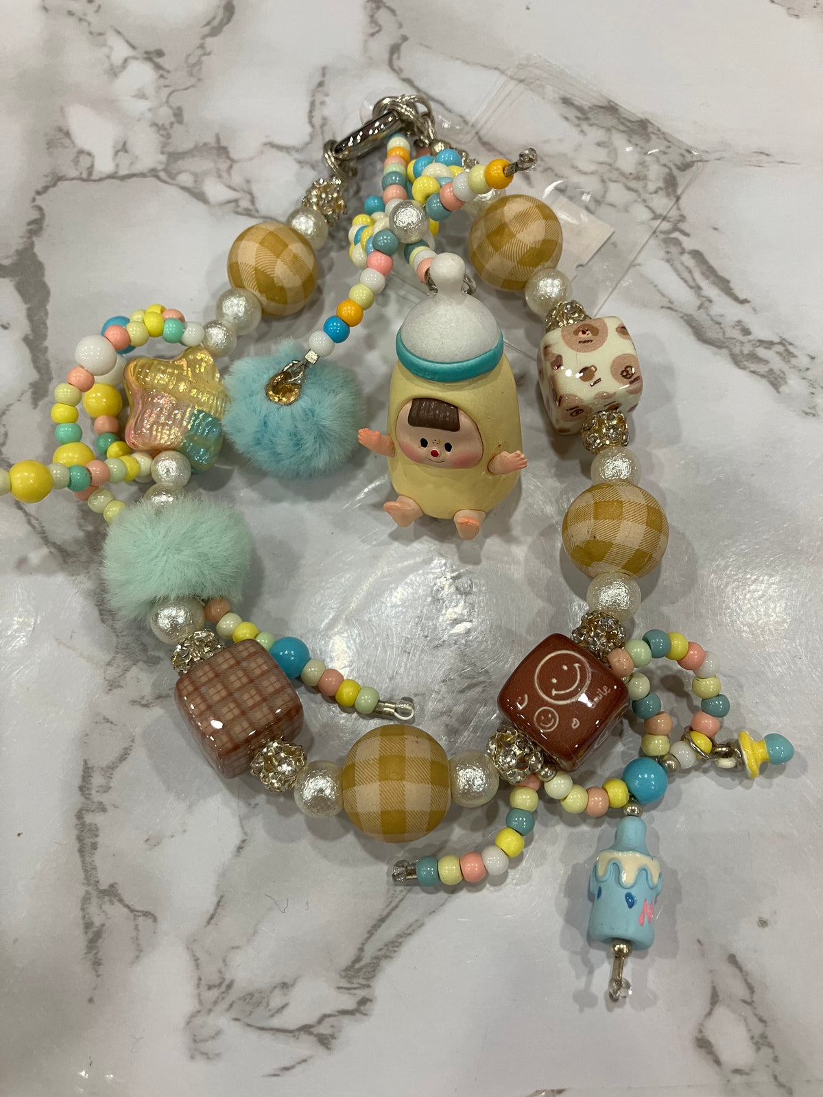 Colorful Beaded Bag Charm with Pom Poms & Cute Pendants