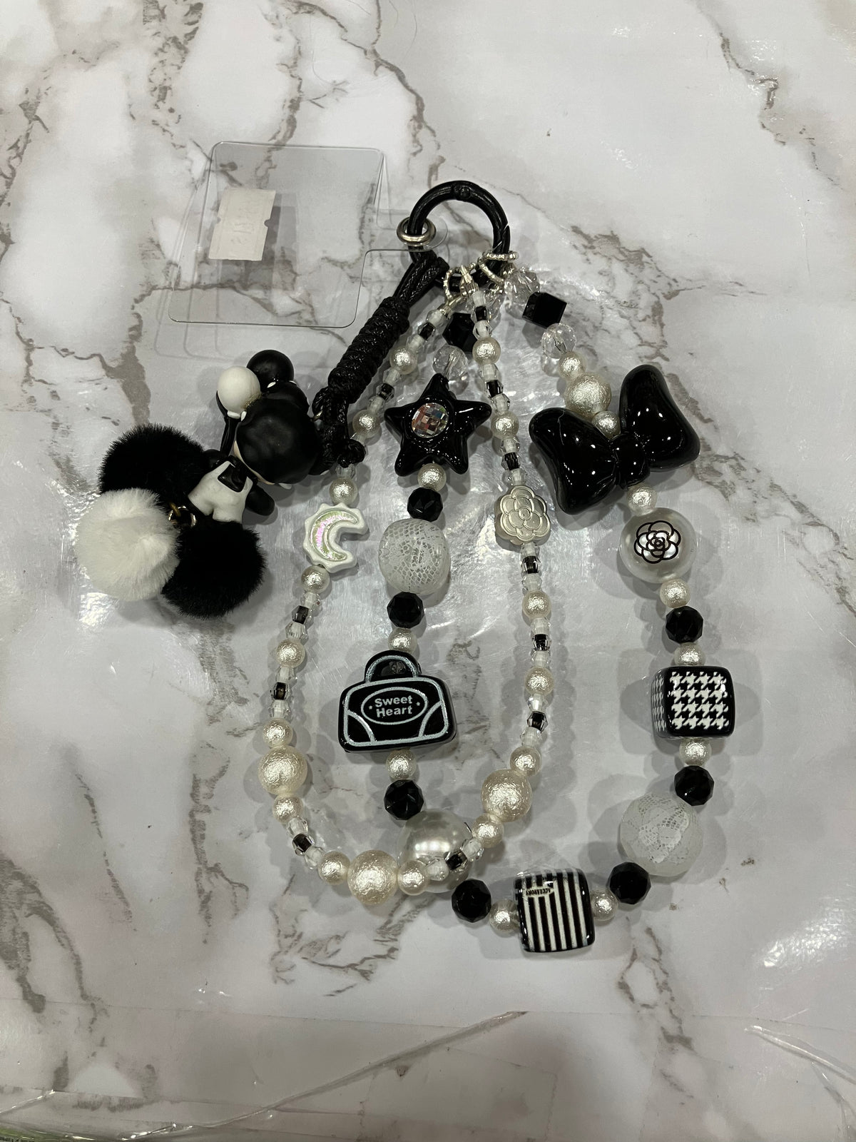 Black & White Pearl Beaded Bag Charm with Pom Poms