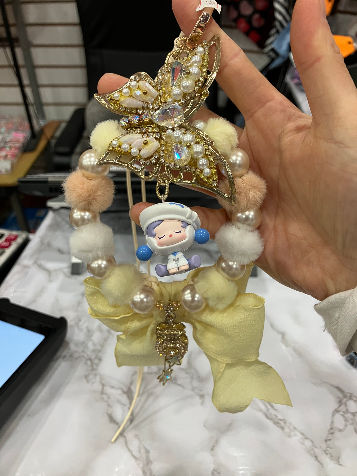 Cute Butterfly Pearl Beaded Bag Charm & Keychain