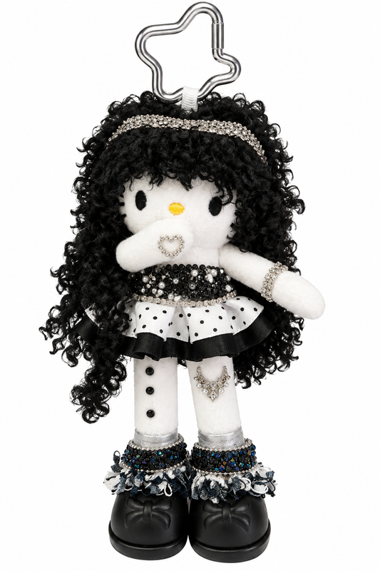 Handmade Plush Doll Keychain – Black & White