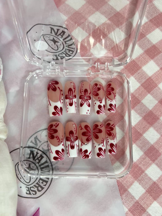 Red Bow & Floral Press-On Nails – Cute Glossy Nail Art