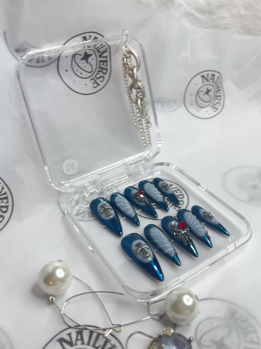 Blue Pearl French Tip Press-On Nails Set