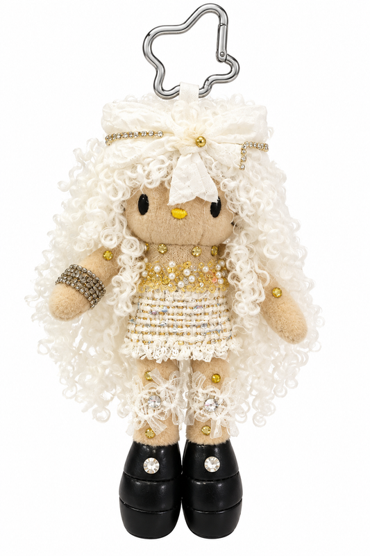 White & Gold Curly Hair Plush Doll Keychain